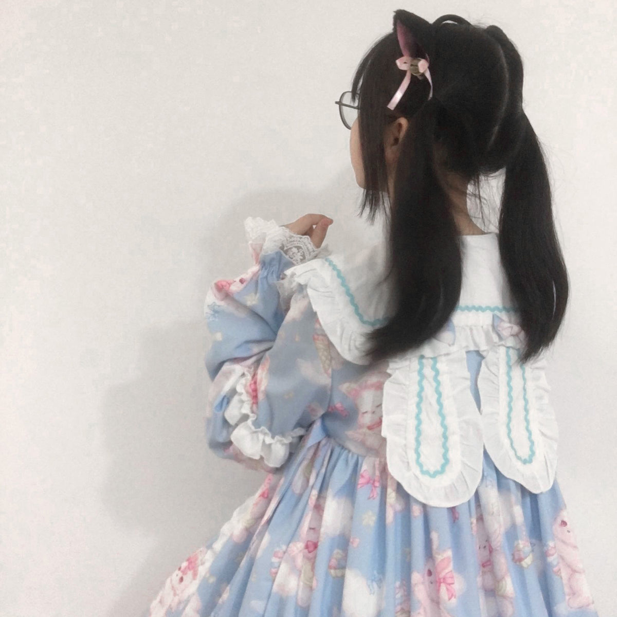 Cute Ladies Pleated Dresses Puff Sleeve Animal Printed Heart Pocket Button Pink/Blue